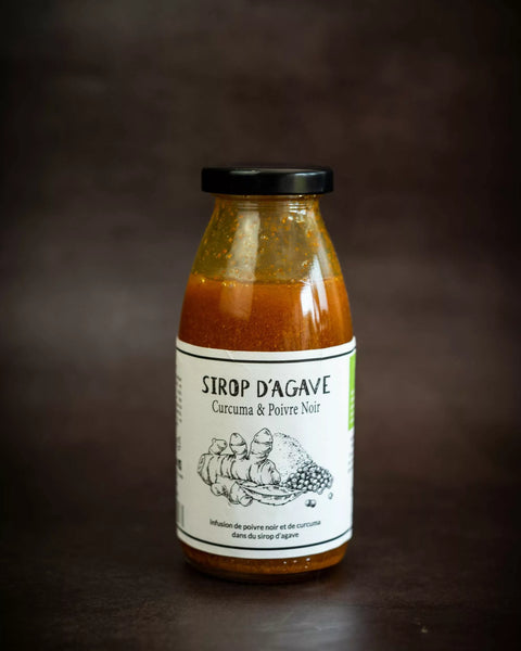 Bouteille de sirop d'agave aromatisé curcuma et poivre noir